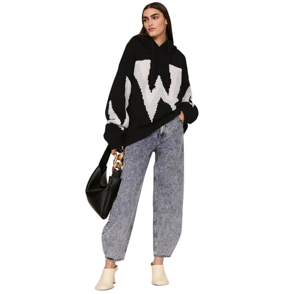 JW ANDERSON Women's Gothic Logo Chunky Knit Hoody Size XS In Black/Off White